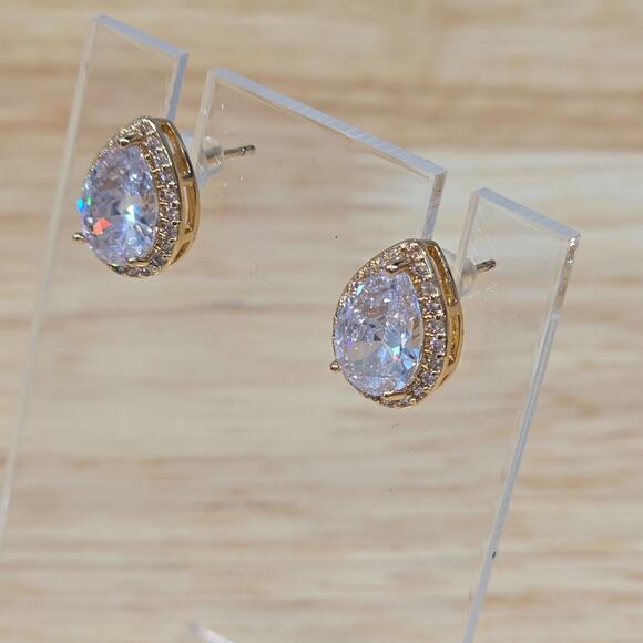 Clear Teardrop Gold Formal Post Earrings Bridal Wedding Prom Homecoming Pageant - Picture 3 of 6